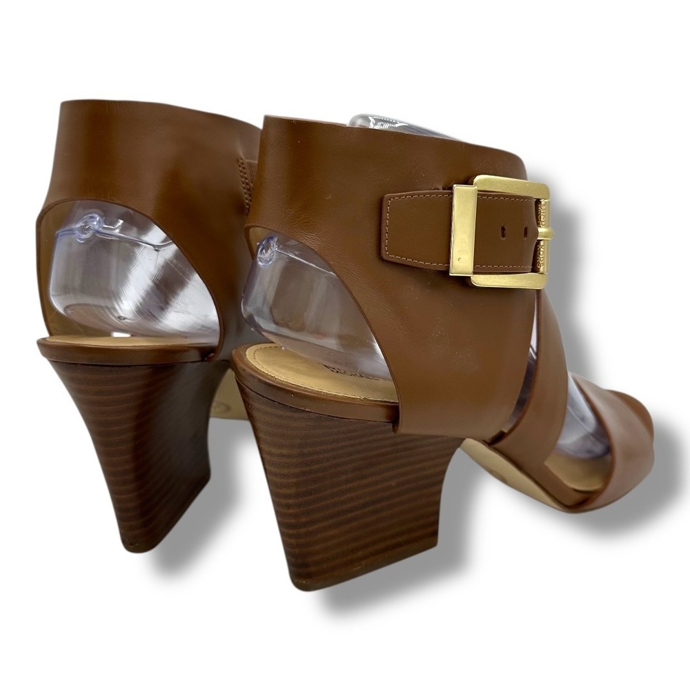 Michael Kors Womens Luggage Tan Leather Adriana Wedge Sandals Gold Buckle Sz 9.5 - Picture 6 of 16